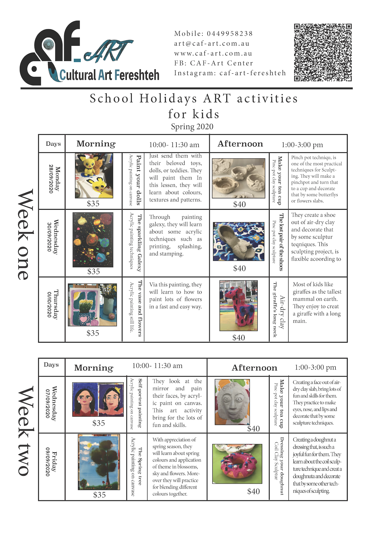 School Holiday ART activities, 2020