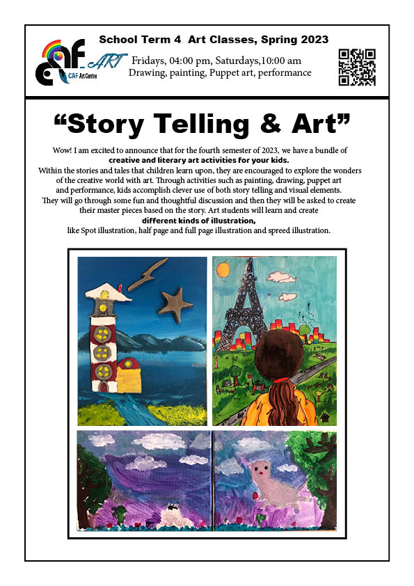 Drawing, painting & puppet art lessons for kids, “Story telling & Art” Spring 2023